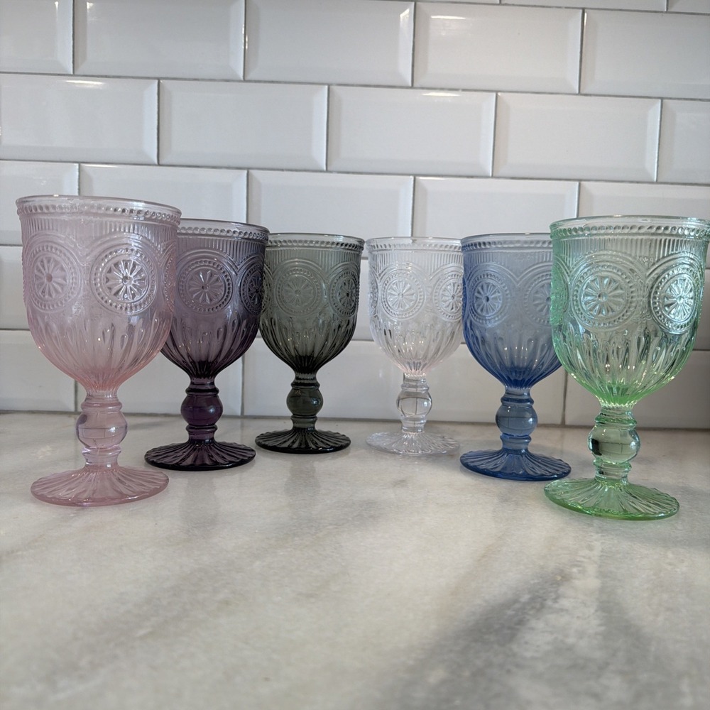 Set Of 6 Pioneer Woman Water Goblets Wine 12oz Vtg Inspired Rainbow